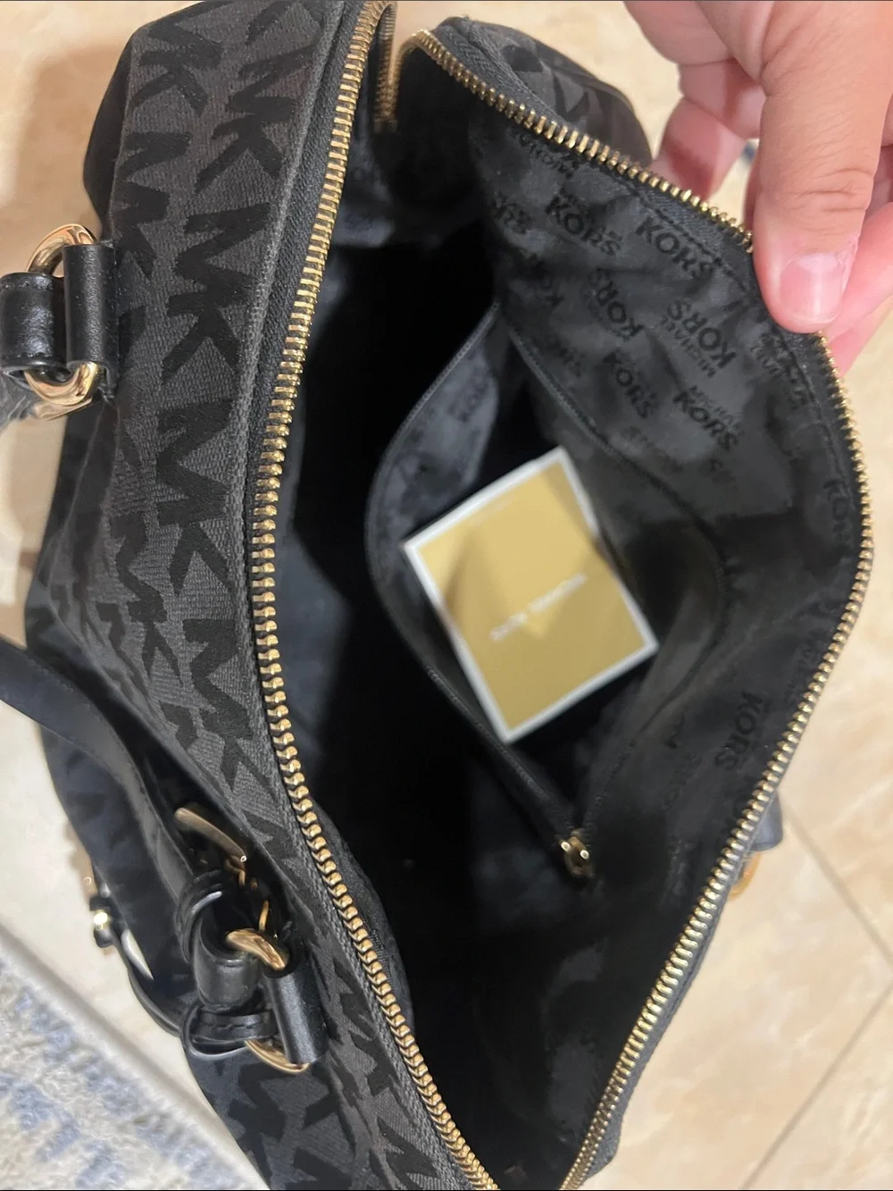 Michael Kors Black Monogram Shoulder Bag with Gold Hardware